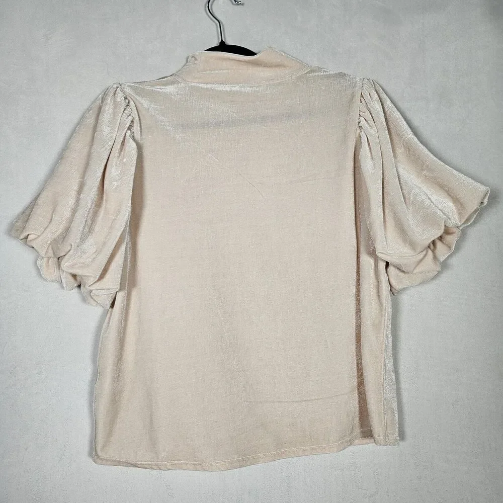 Free People Top Blouse Size M Claudia Velvet Lt Pink Puff Short Sleeve‎ Tee Boho
